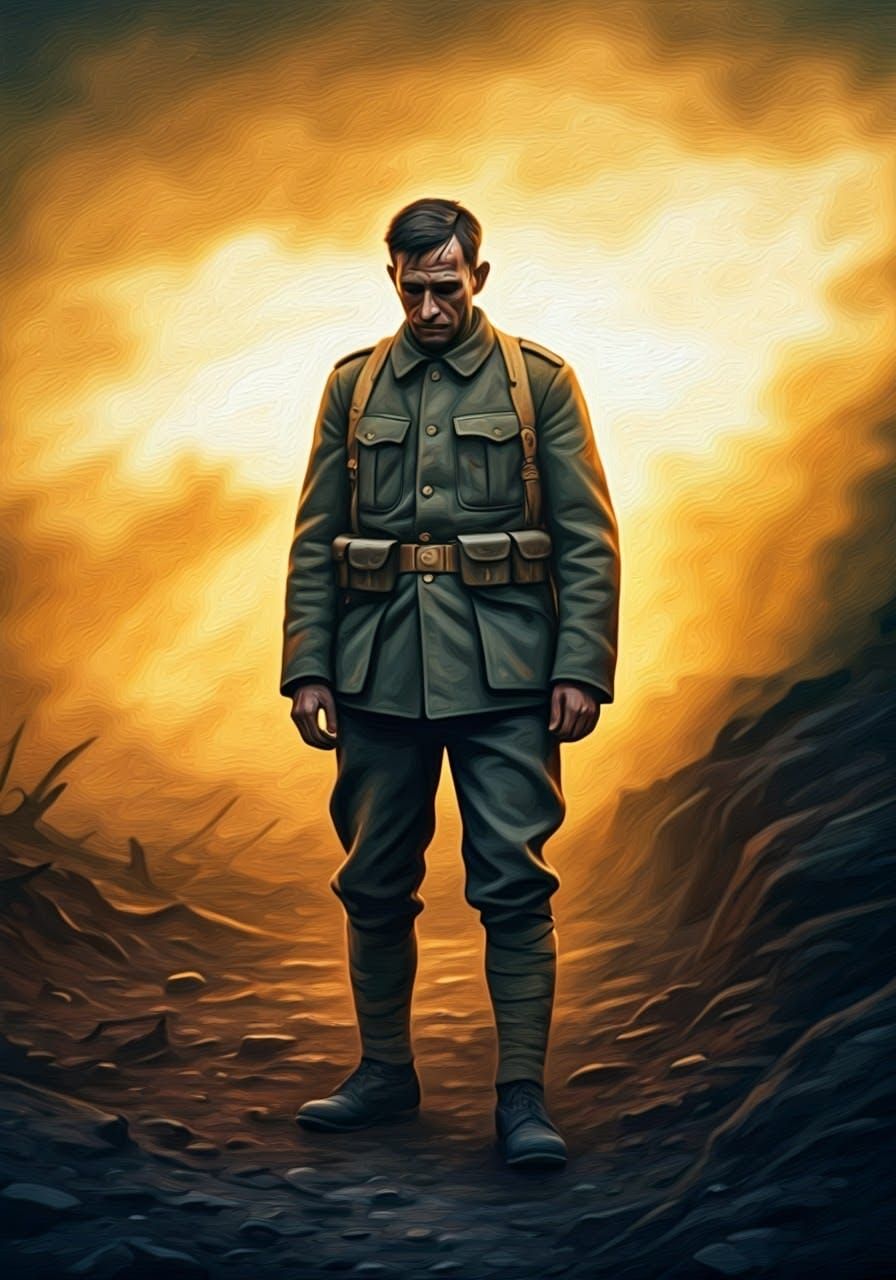 WWI Soldier Contemplates War's Devastation in Golden Light