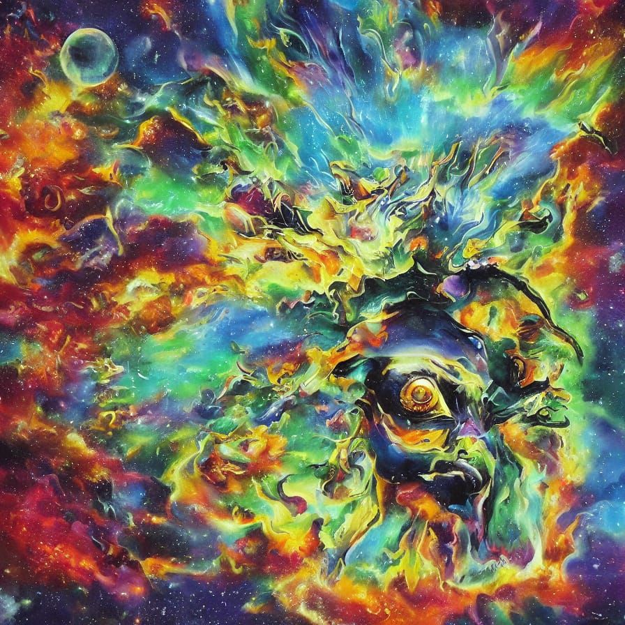 Surreal Space Wings with God-like Figure, Oil Painting