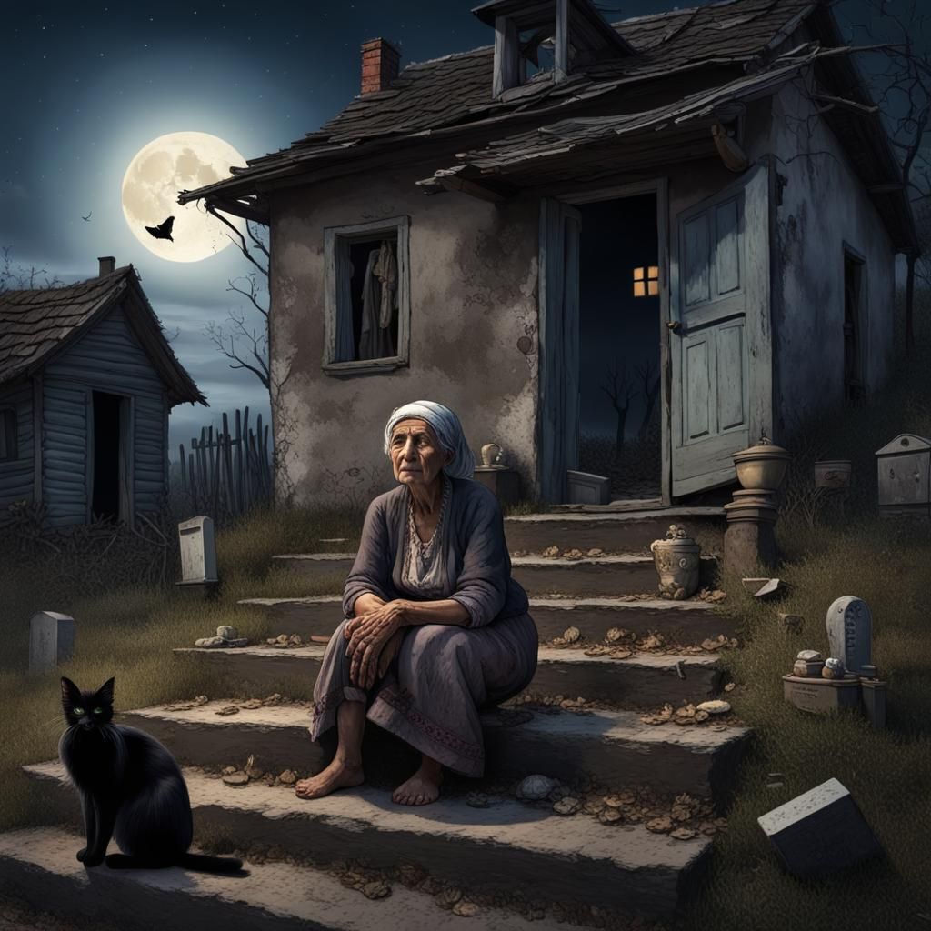 dilapidated house at the end of the village, an old gypsy woman sits on the steps of the house, a black cat next to her,...