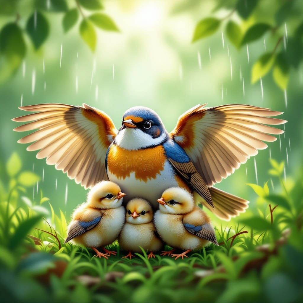Mother Bird Shelters Chicks from Rain in Realistic Digital A...