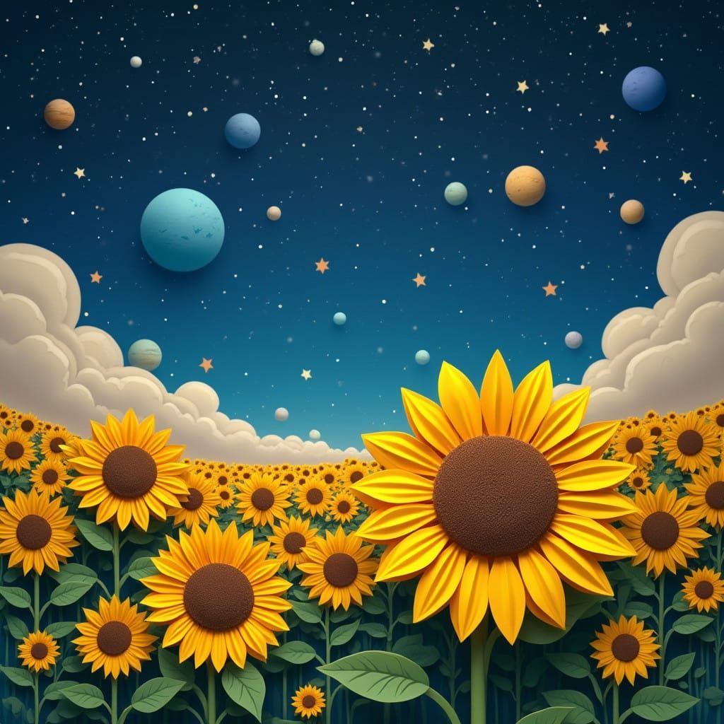 Whimsical Sunflower Field Under Starry Night Sky