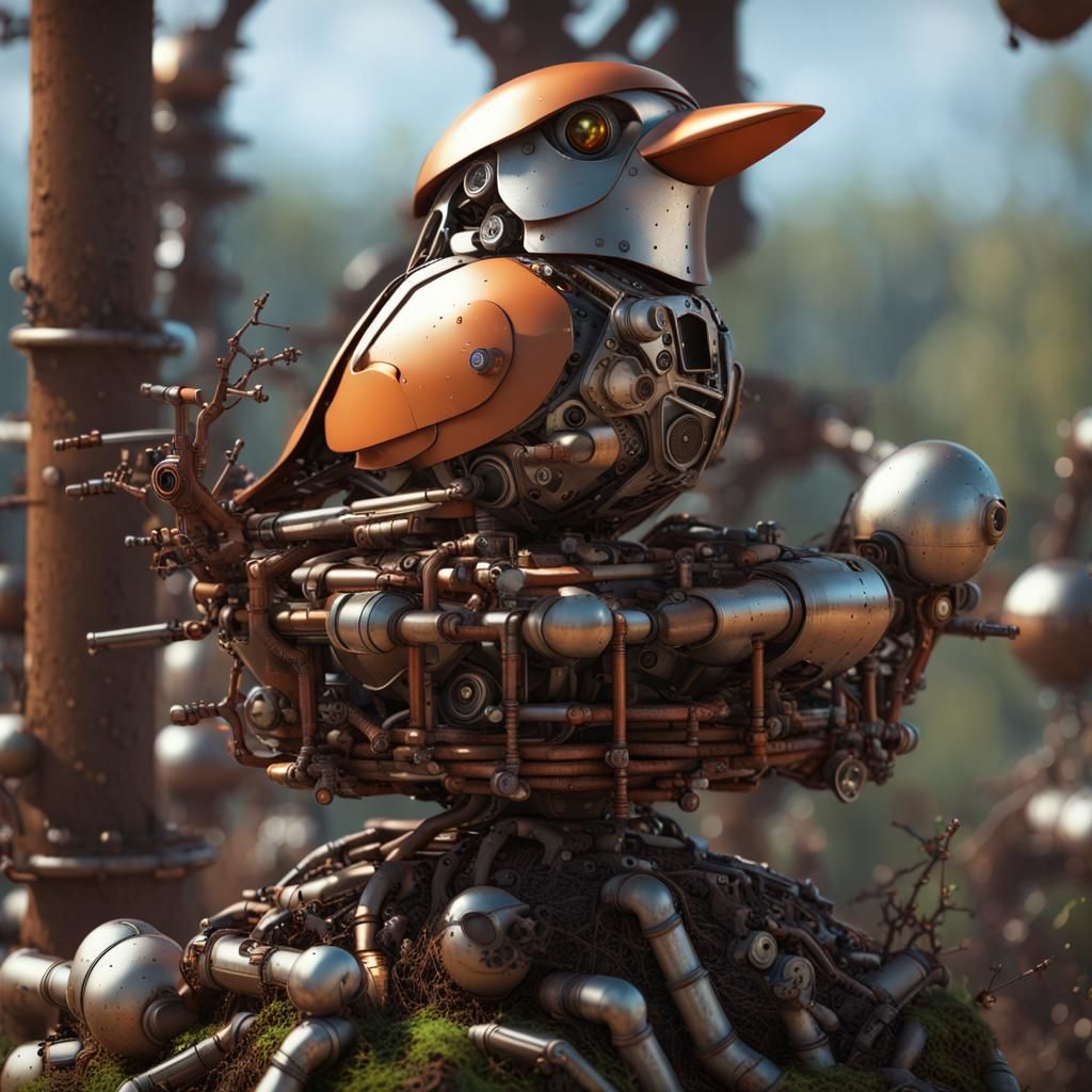 Steampunk Robot Robin Watches Eggs in Gilded Tree Nest