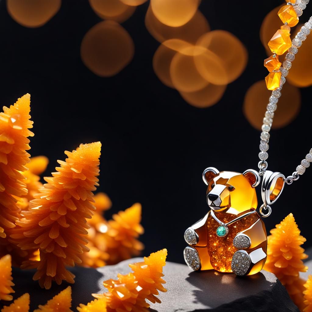 Fluffy Bear Wears Golden Honey Crystal Necklace in Sunset