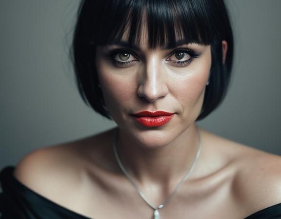 Elegant Woman in Close-Up Portrait with Silver Hair and Bang...