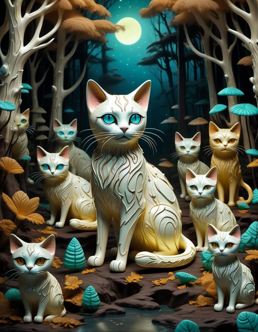 Maintain colors. Glowing bioluminescent luminous cats made o...