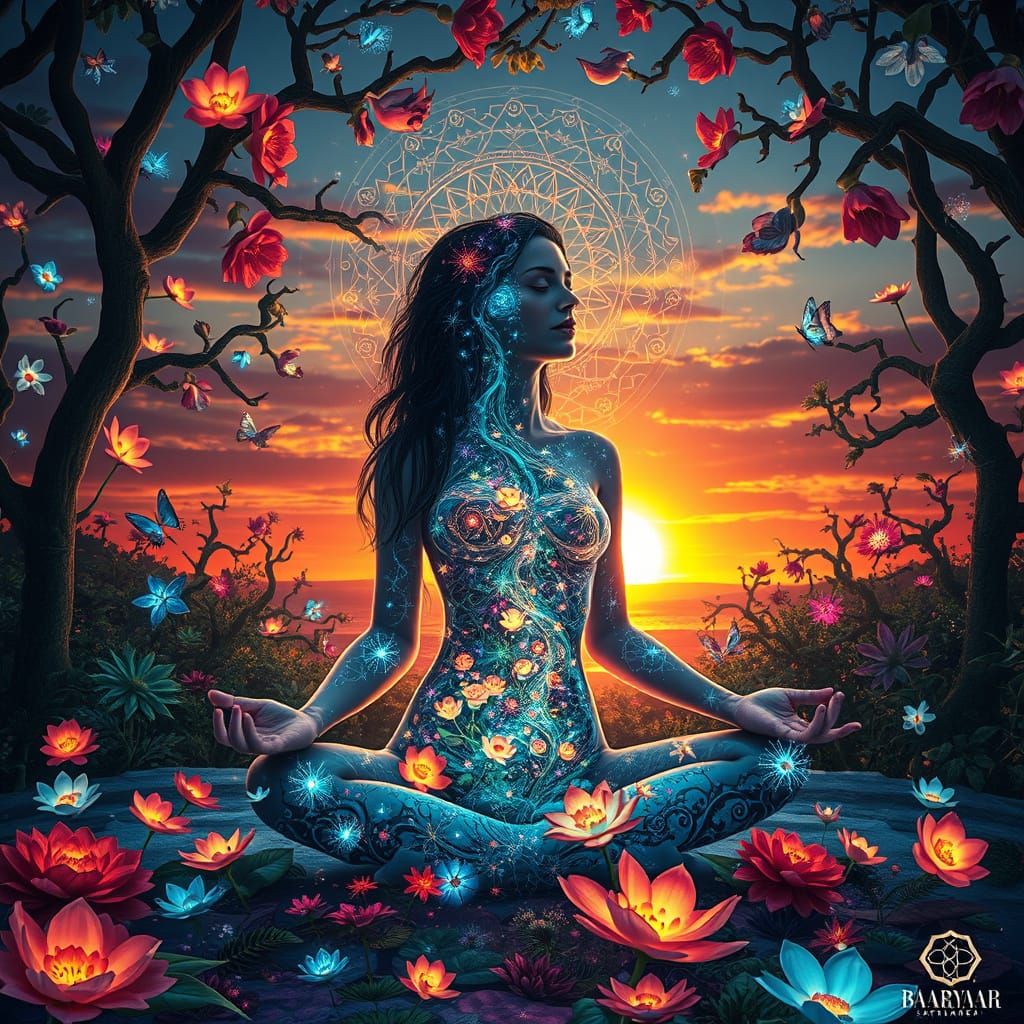 Dreamlike Mystical Woman in Labyrinth of Light, Surrounded b...