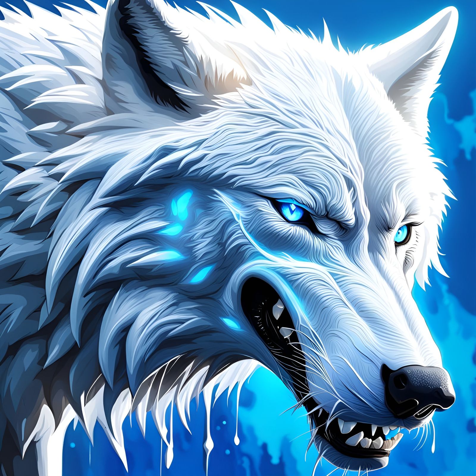 White wolf with piercing blue eyes, snarling teeth, intimidating, powerful, artistic, ambient lighting