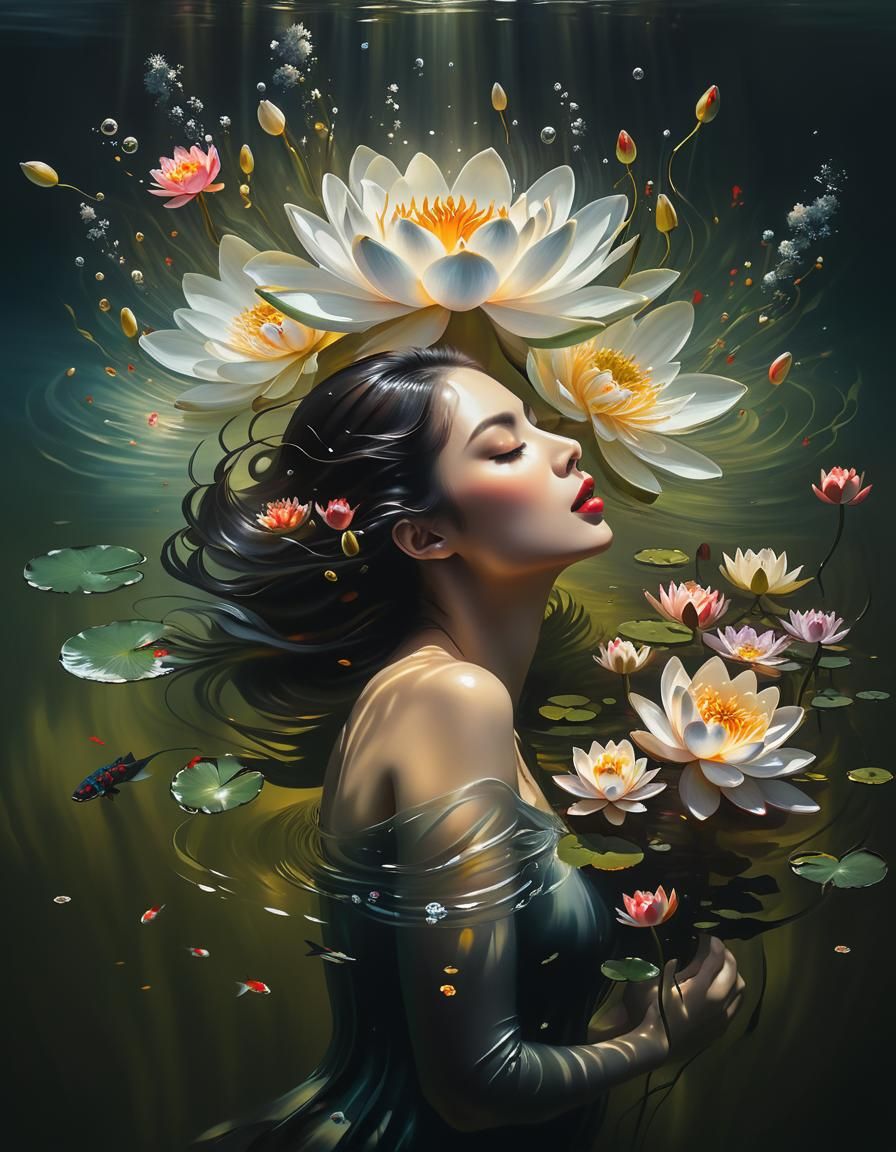 Surreal Oil Painting of a Submerged Woman in an Underwater W...