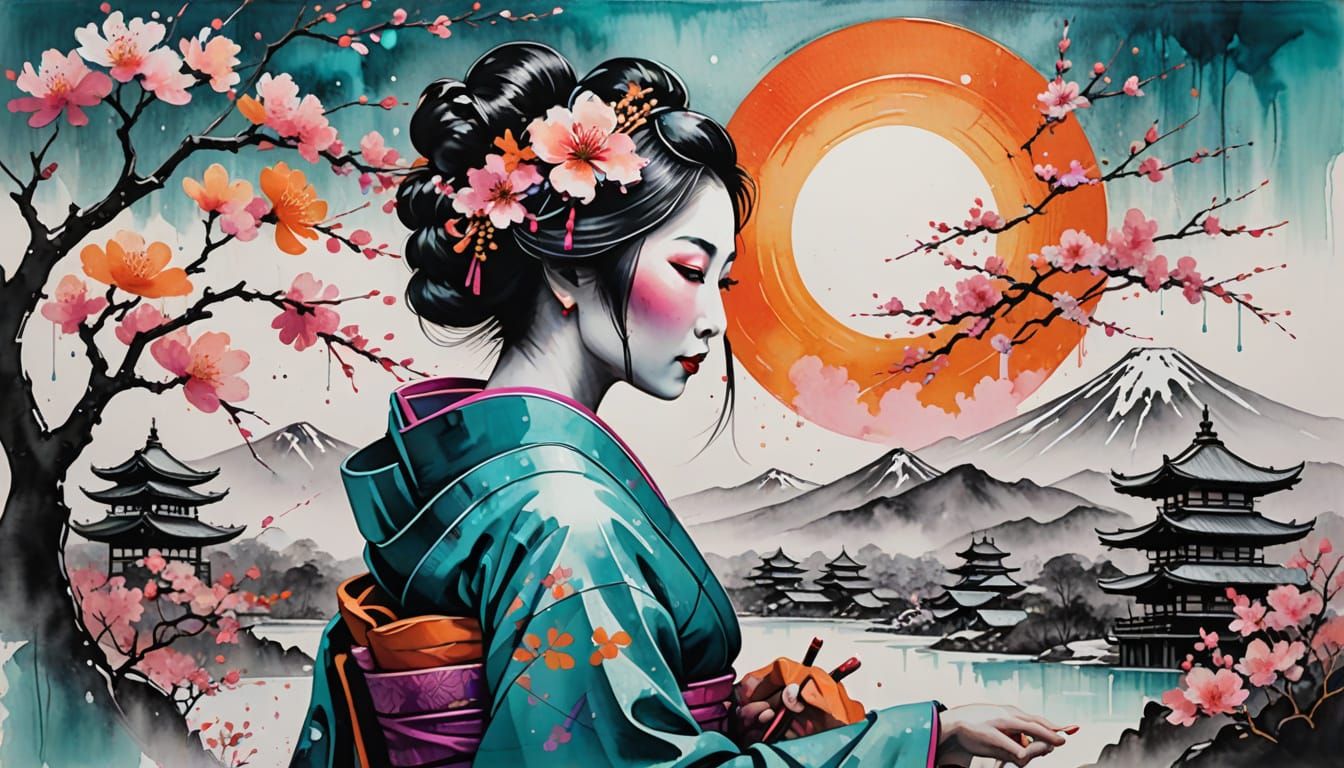 Japanese Geisha Silhouette Unites Traditional Village and Ch...