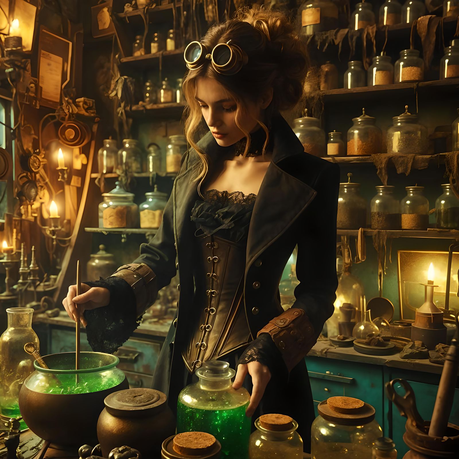 Victorian Witch Brewing Potion in Dimly Lit Apothecary