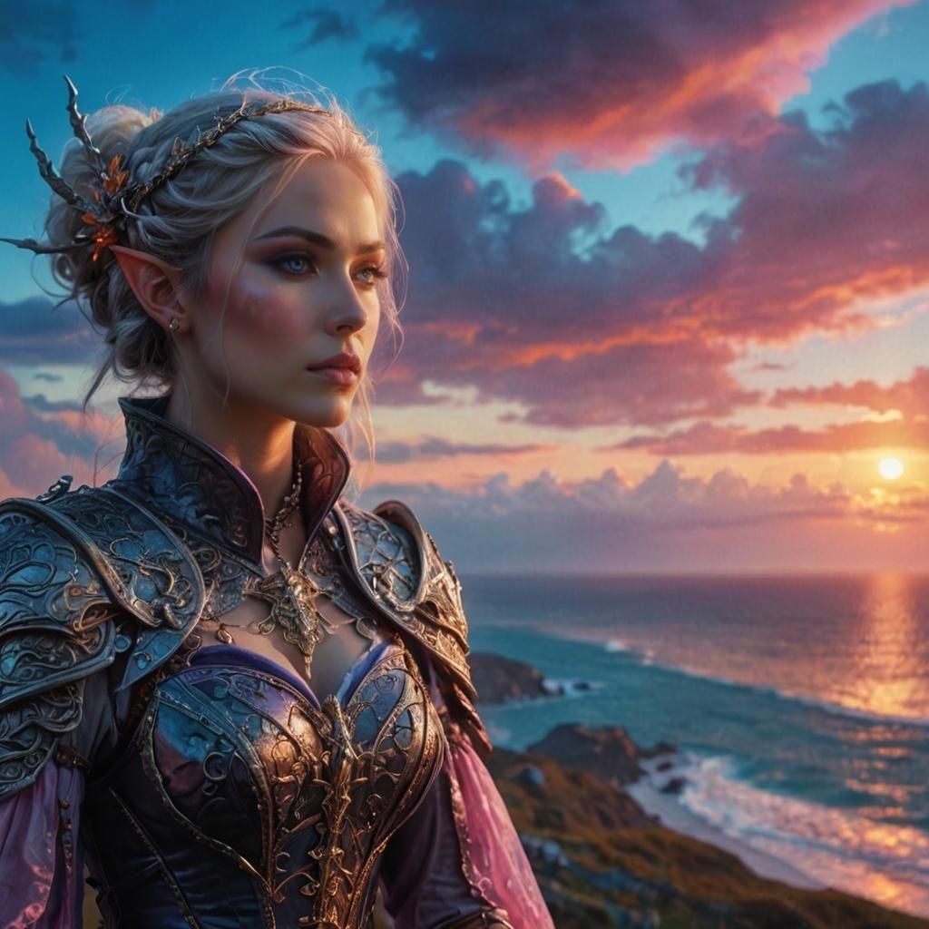 Elf Warrior Enchants Sunset Beach Scene