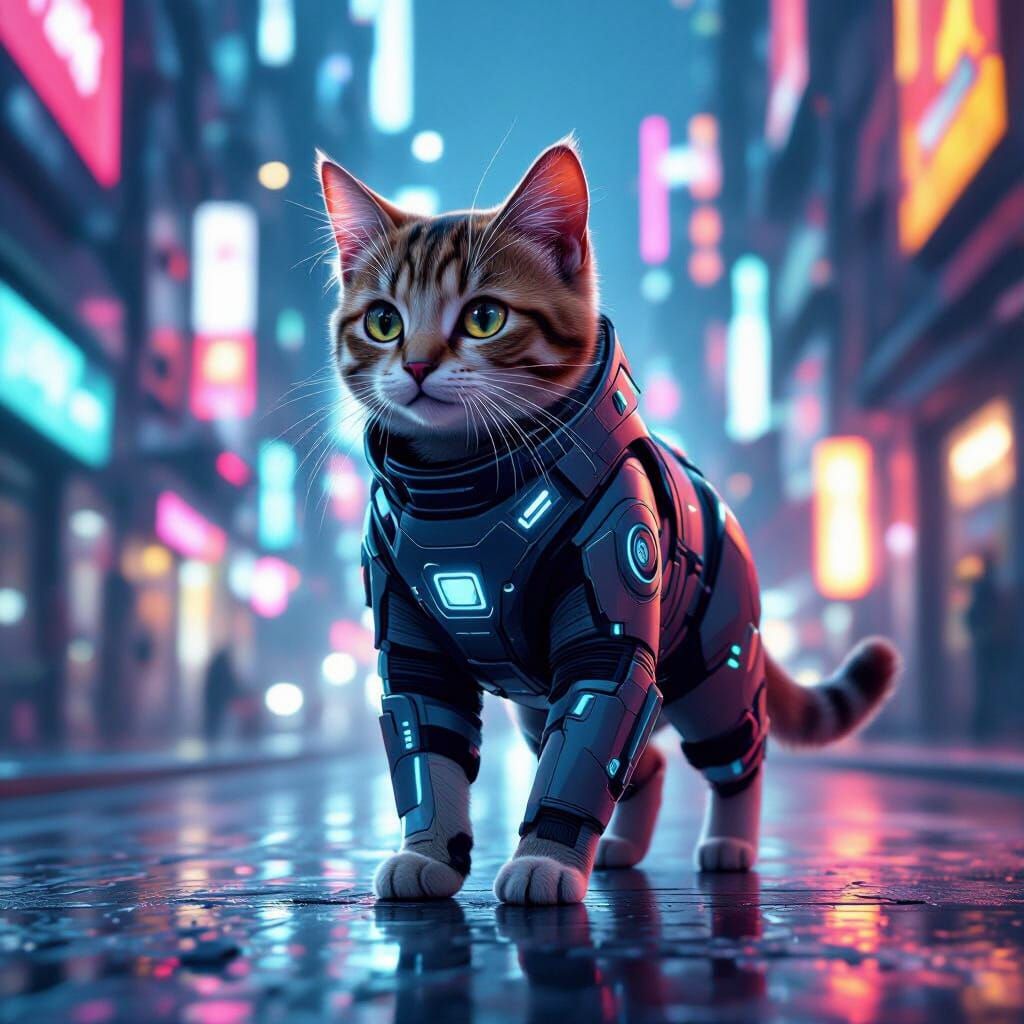 Cat in Tech Suit Walks Neon City Streets