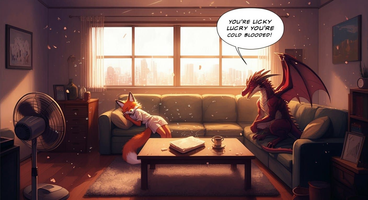 Anime Style Apartment Living Room Scene with Fox and Dragon