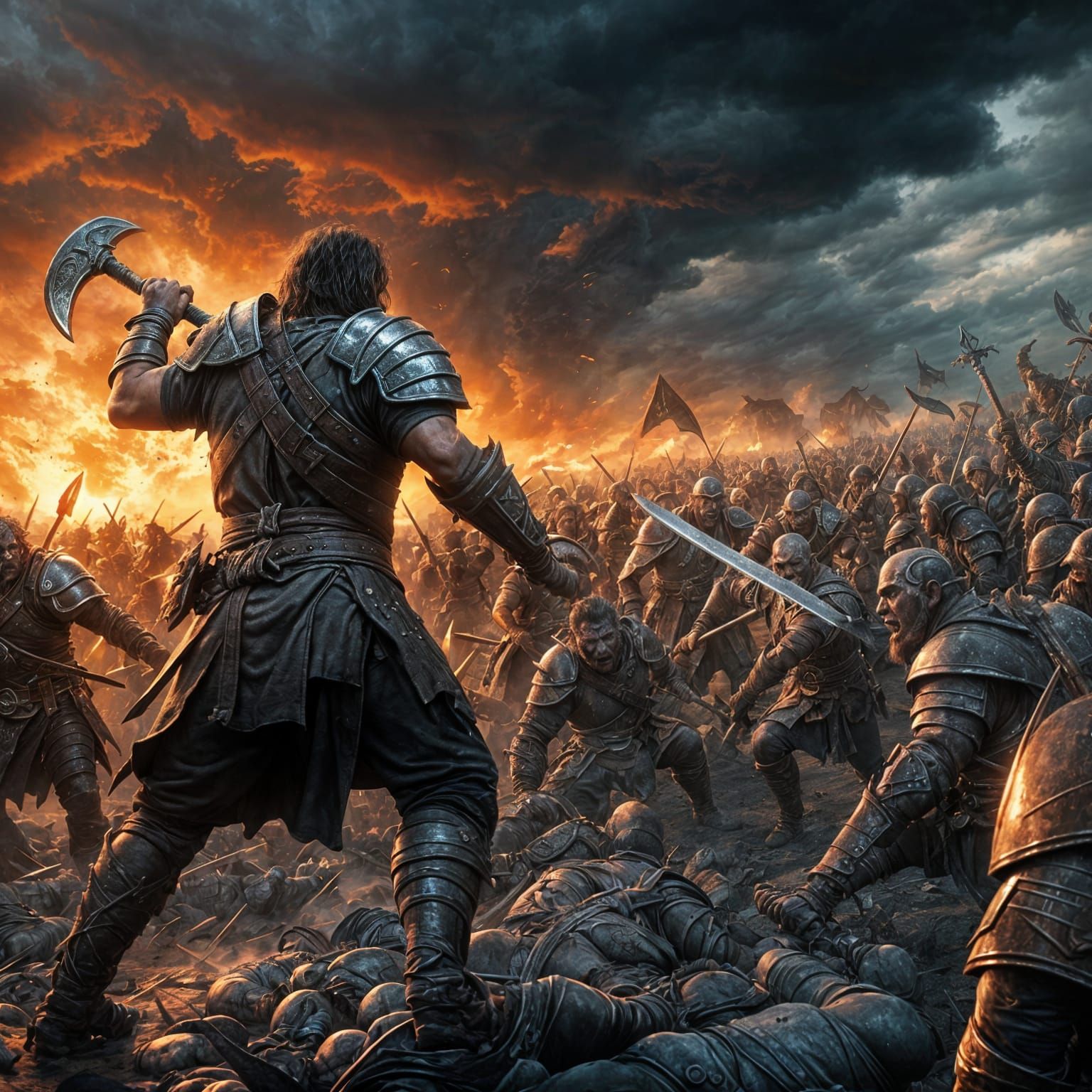 Epic Fantasy Warrior Battles Orc Horde With Glowing Axe