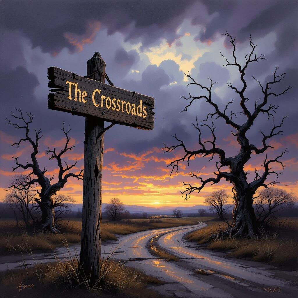 Melancholy Crossroads Signpost in Stormy Twilight