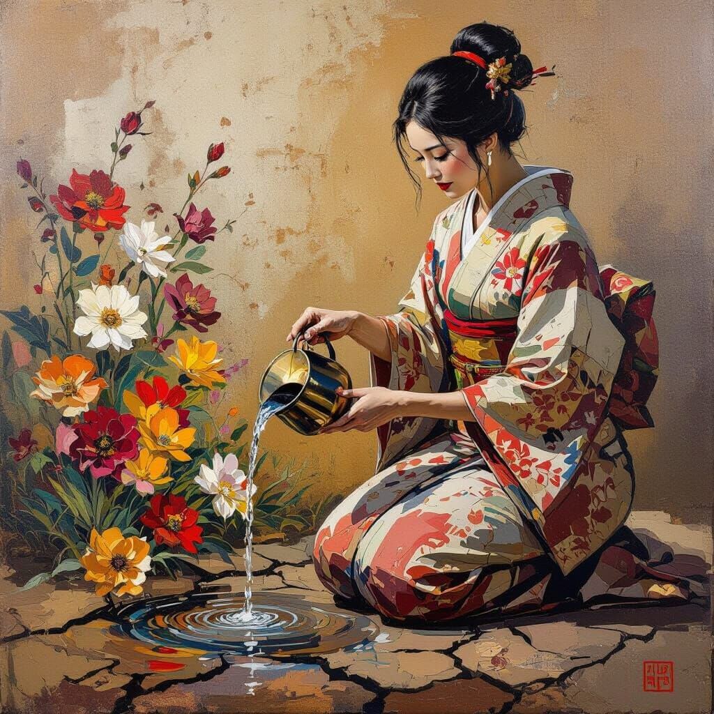 Woman Pouring Water: An Impasto Oil Painting