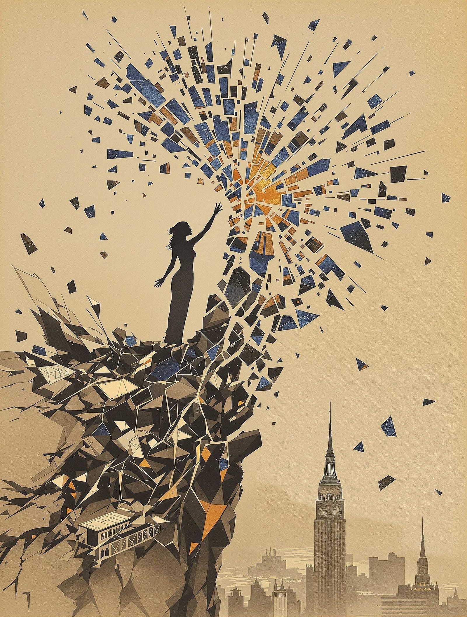 Avant-Garde East Asian Woman in Fractured Cityscape