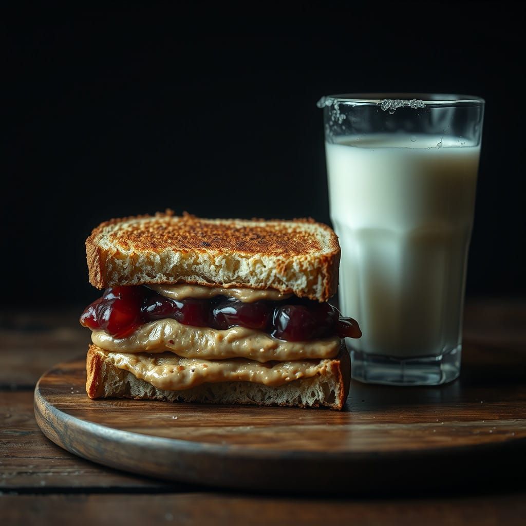Warmly Toasted PB&J with Glass of Milk in Moody Lighting