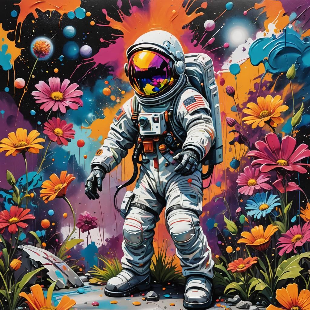 Vibrant Street Art Scene with Boy in Space Suit and Blooming...