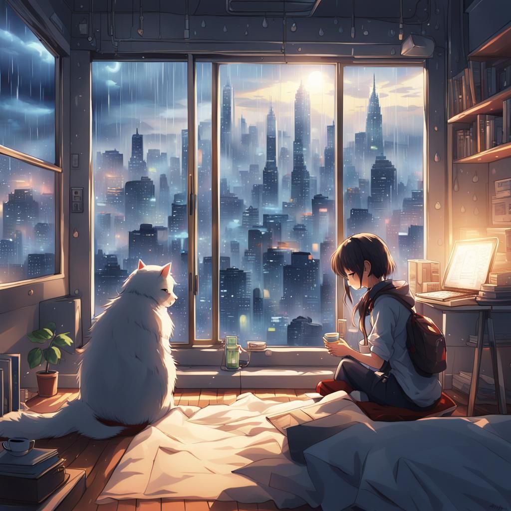 Girl Studies Futuristic Cityscape in Rainy Night