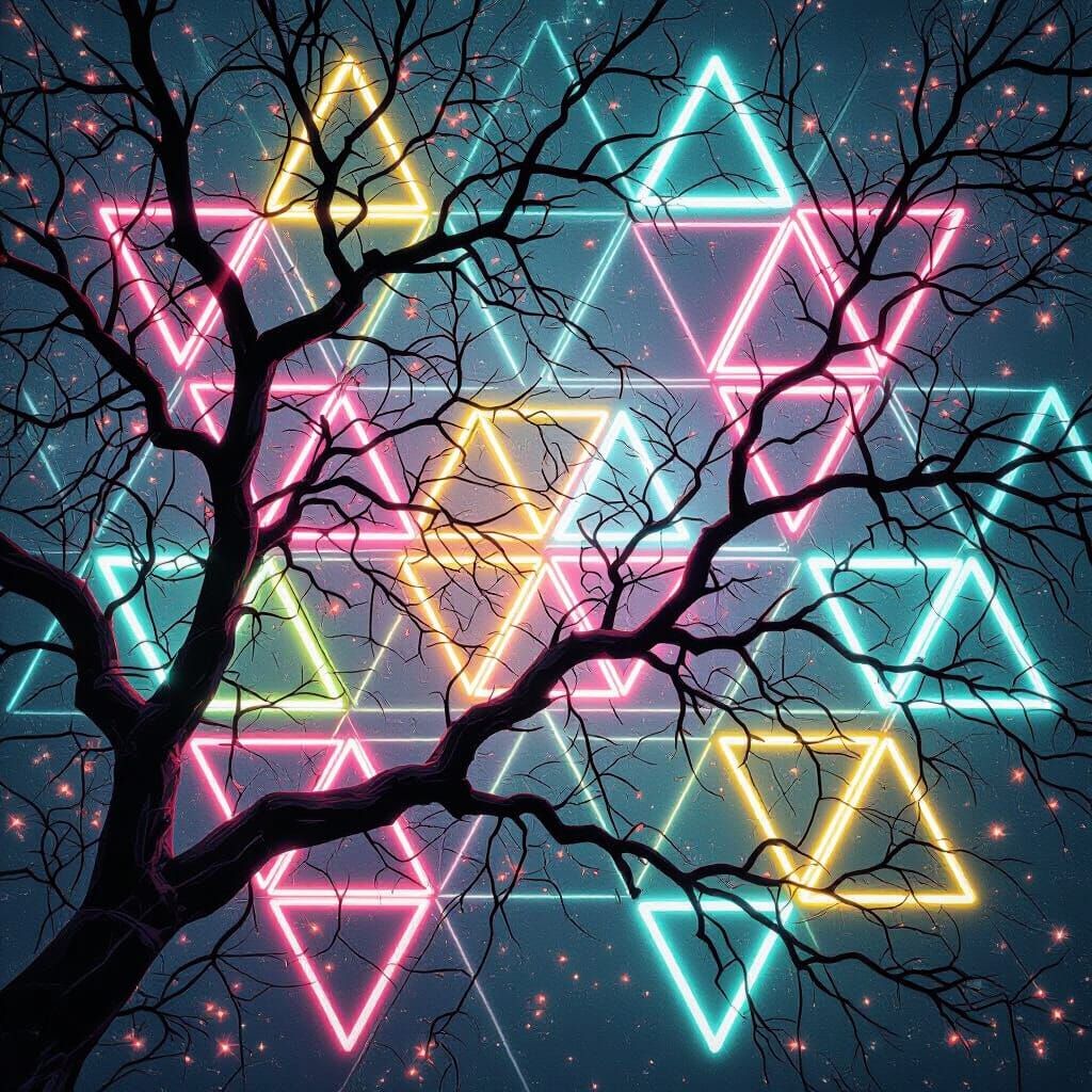 Tree Branches Weaving Through Neon Lattice: Digital Order