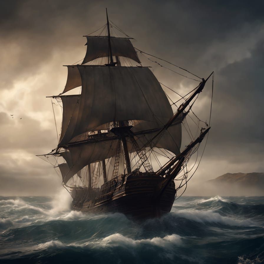 Gothic Pirate Ship in Turbulent Ocean, in the Style of Charl...