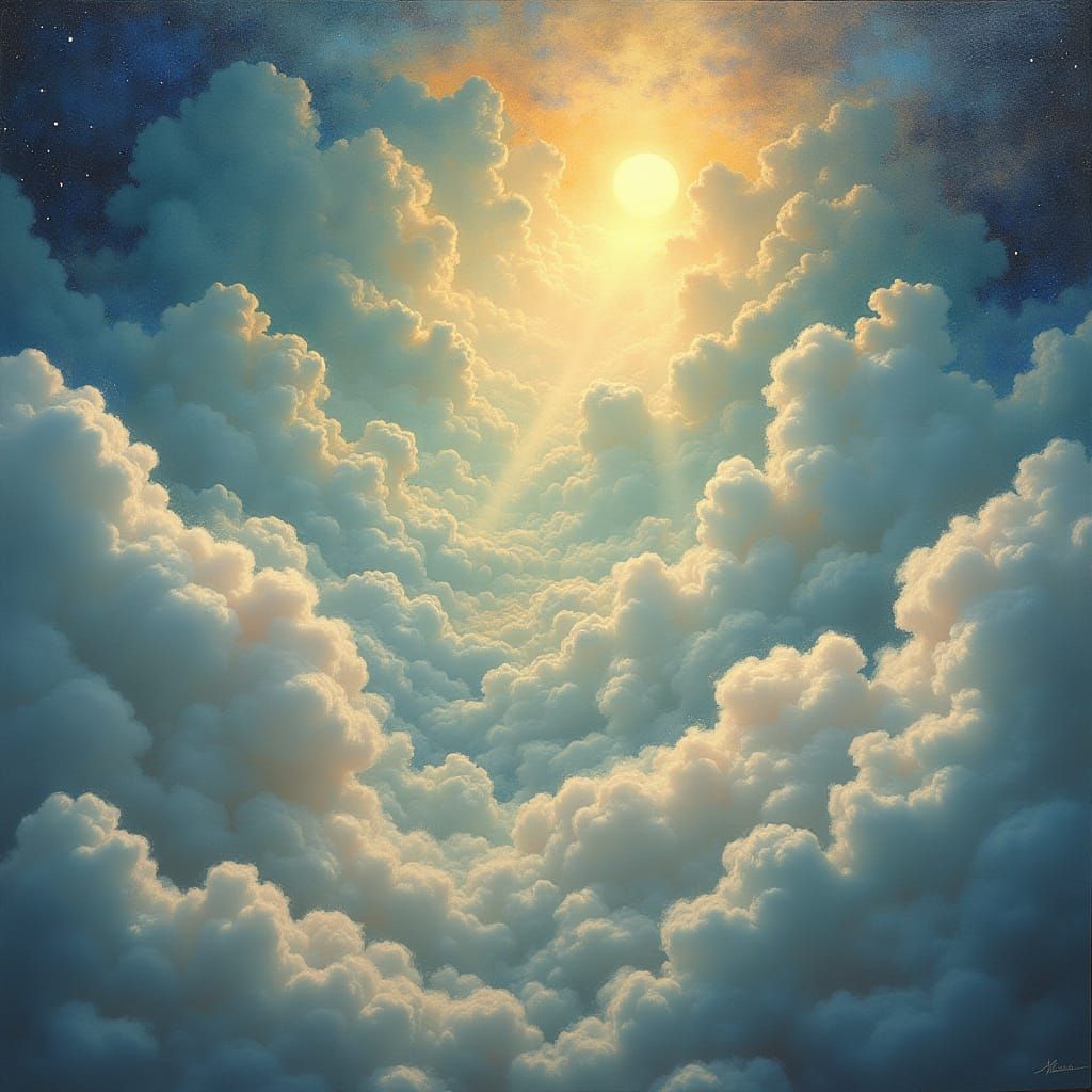 Ethereal Cloudscape with Radiant Sunbeams in Surrealist Styl...