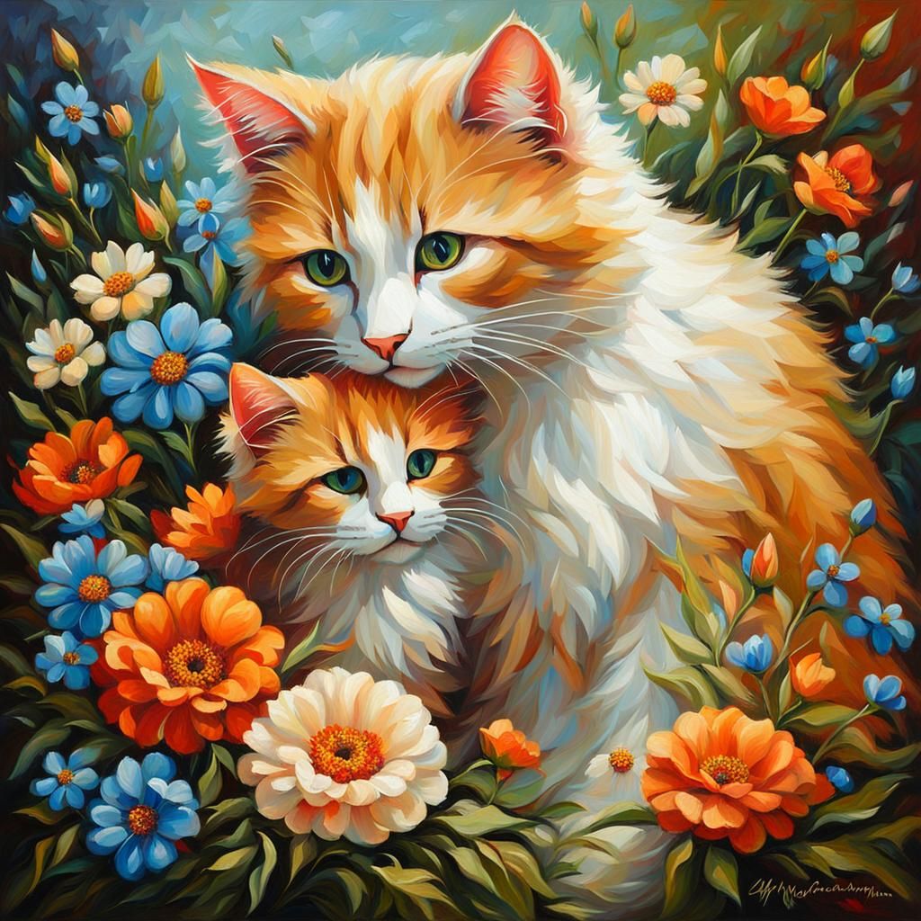 Motherly Love in Oil Painting, Mother Cat and Kitten with Fl...
