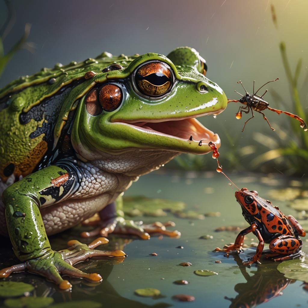Hyperrealistic Frog Hungry for Bug in Vibrant Splash Art