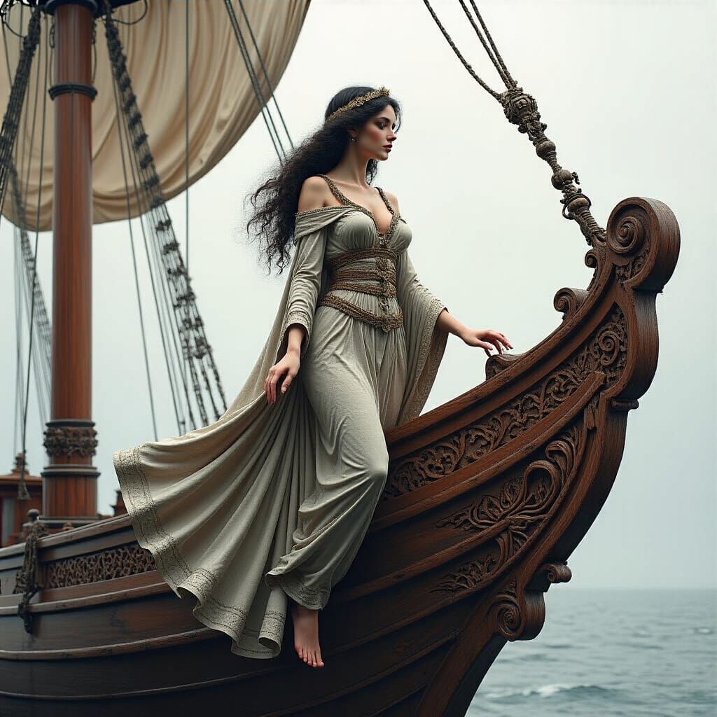 Monochromatic Carved Figurehead on Sailing Ship, Art Nouveau