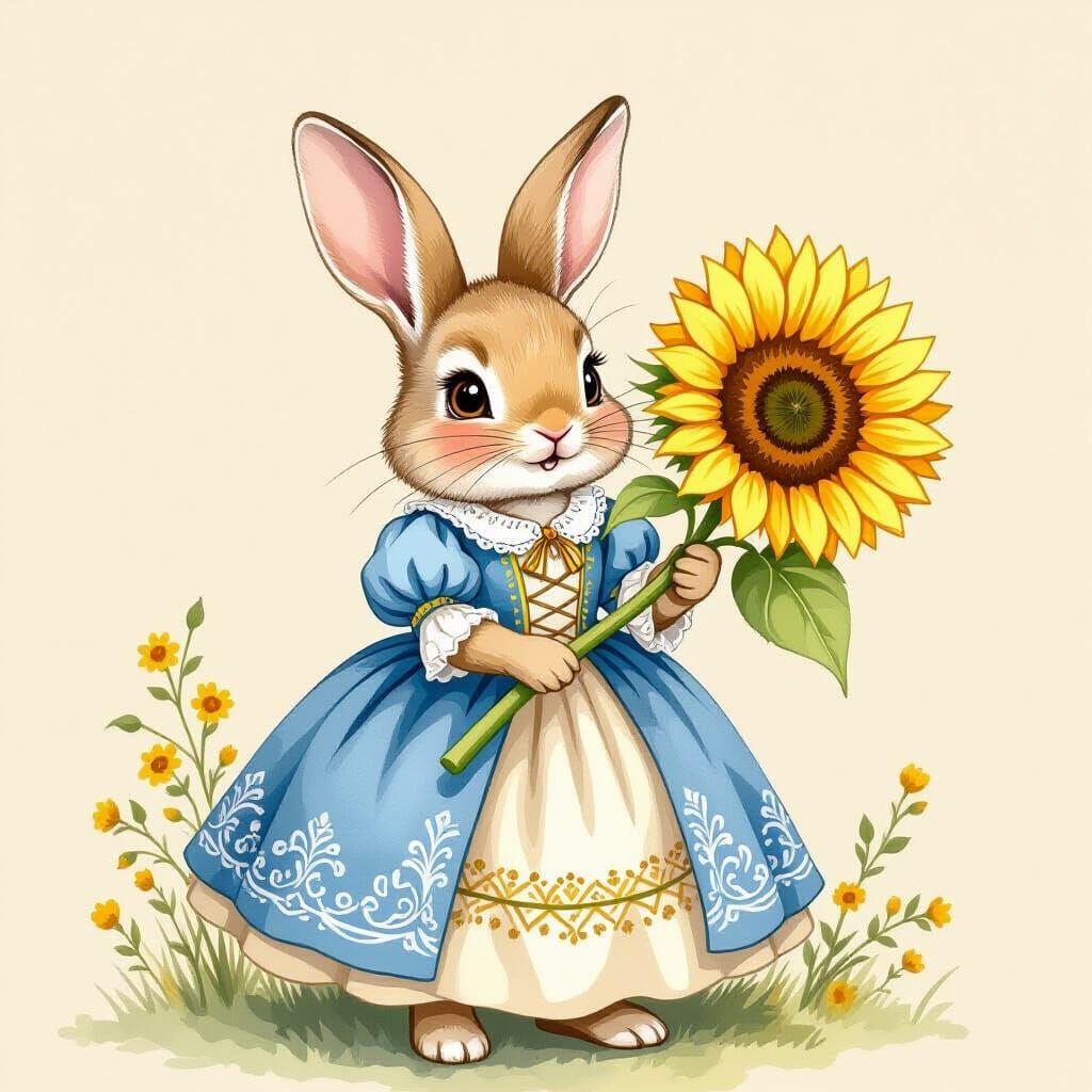 Excited Bunny with Sunflower in Renaissance Dress