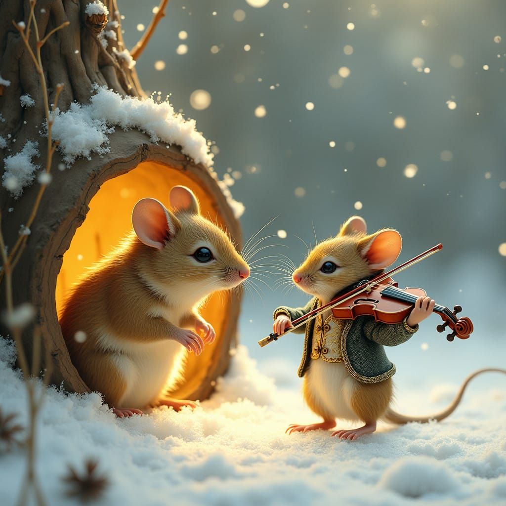 Whimsical Winter Scene with Mouse and Cricket in a Cozy Mous...