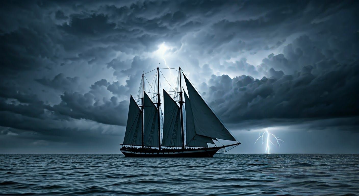 Sailboat Silhouette on Turbulent Sea