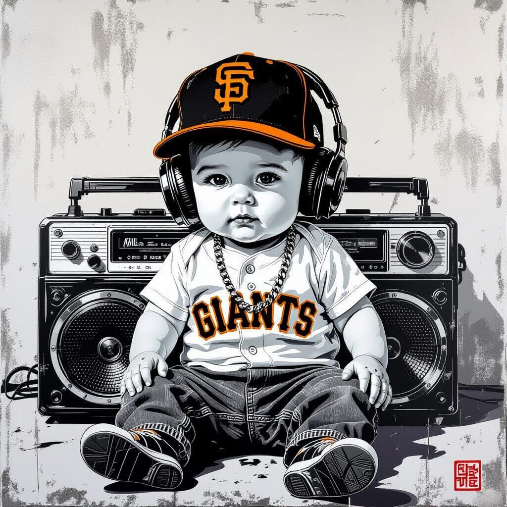 Banksy Style Gangster Baby with Boombox and Chain