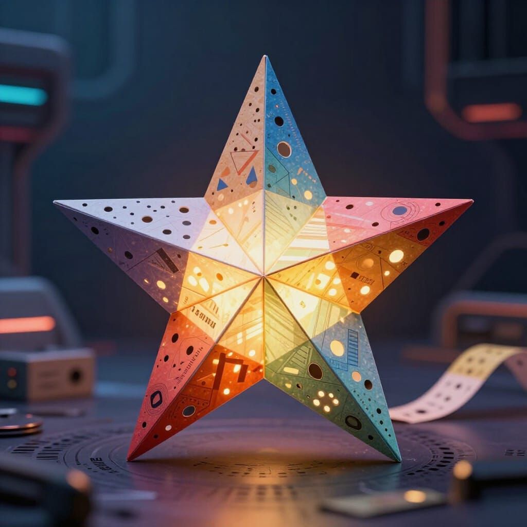 Glowing Origami Star in Futuristic Computing Lab