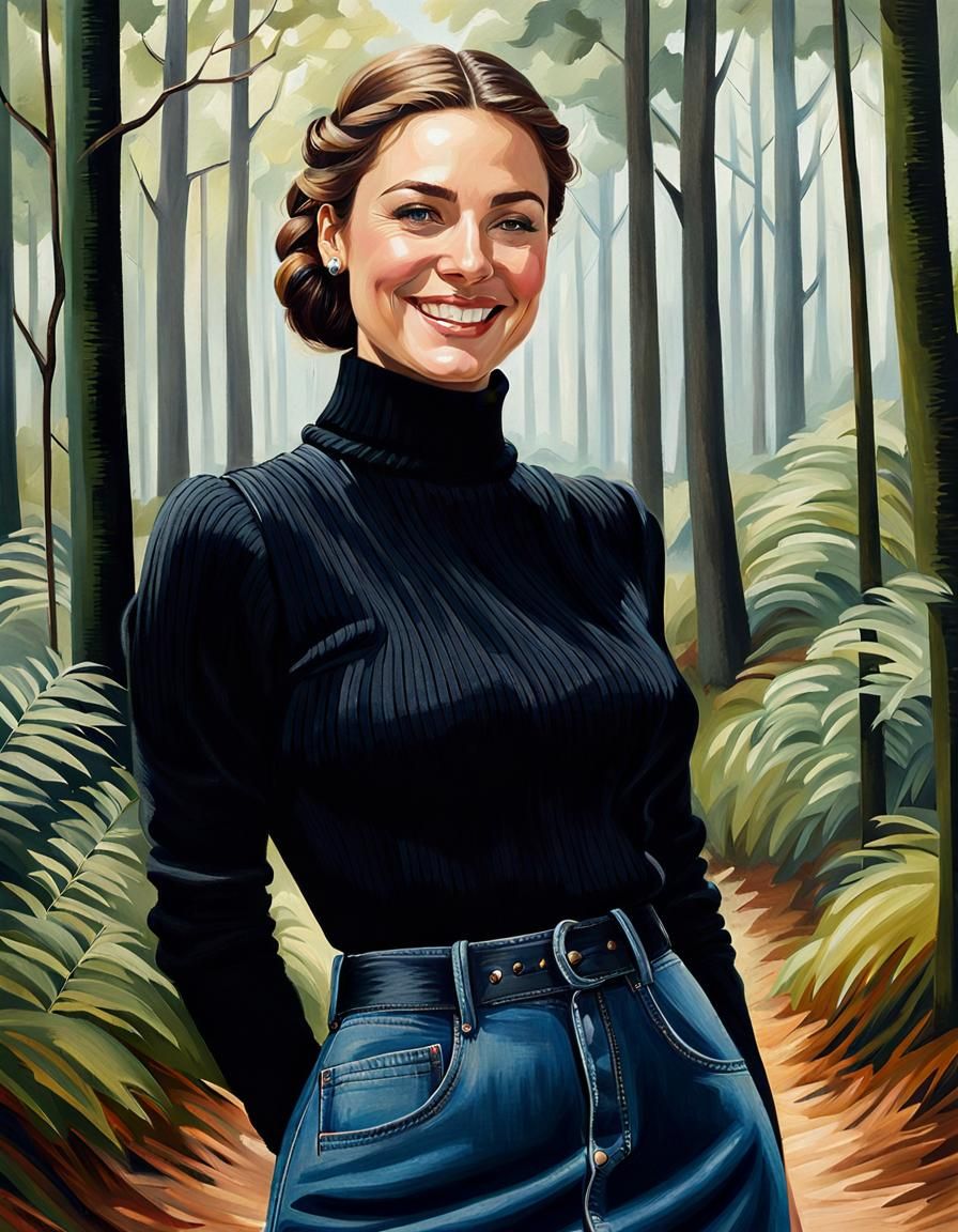Woman Exploring Forest as Oil Painting