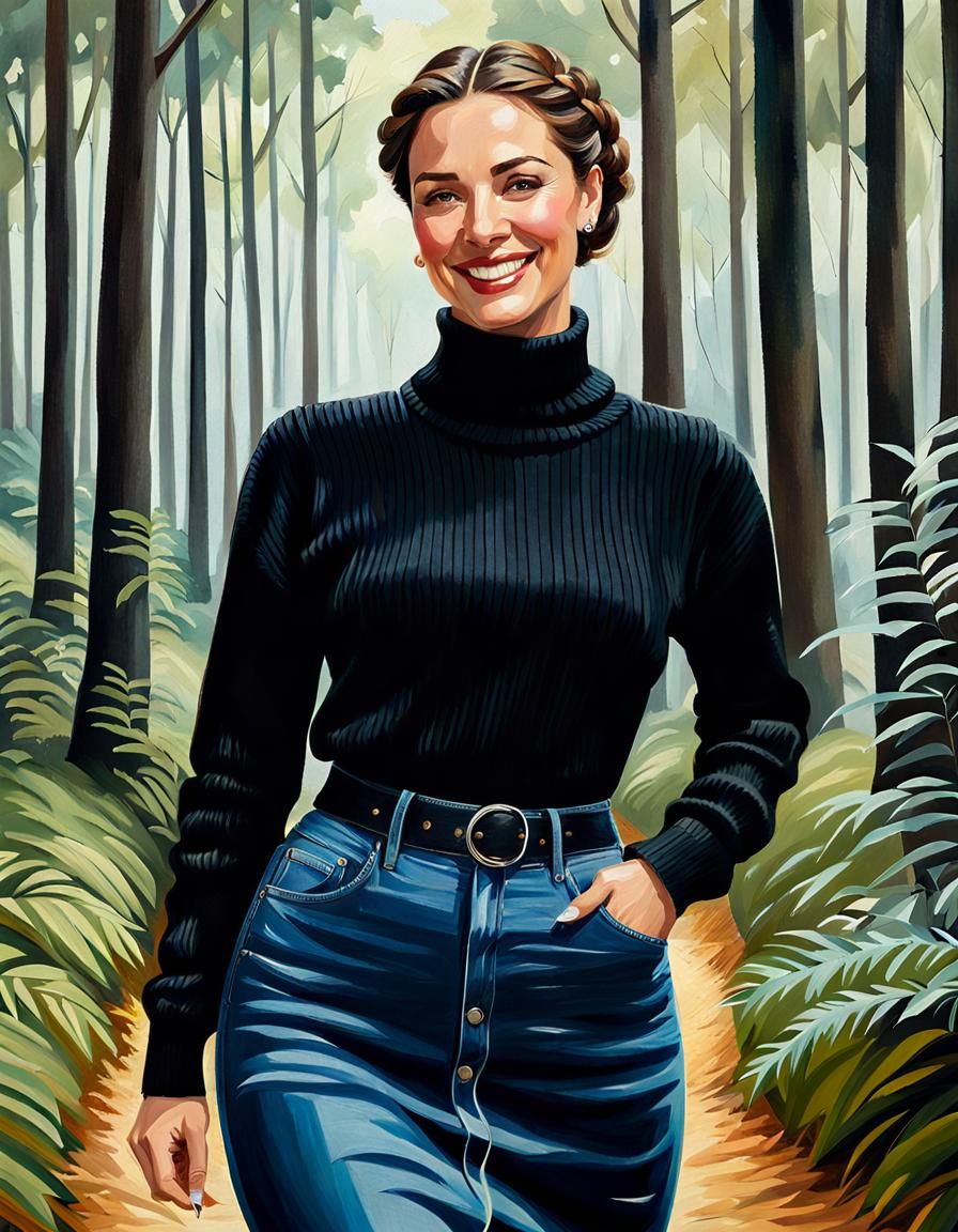 Woman Exploring Lush Forest as Oil Painting