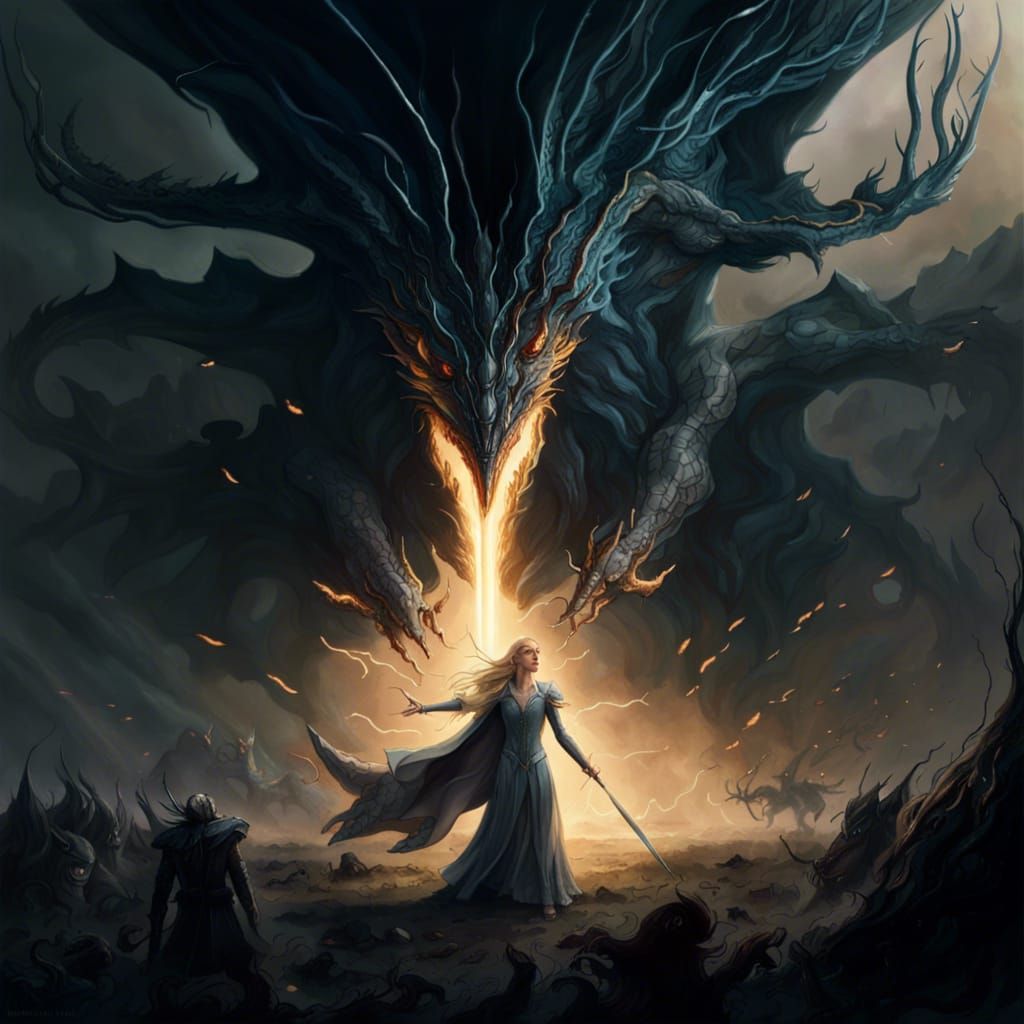 Galadriel Battles Shadow Lord in Epic Digital Painting
