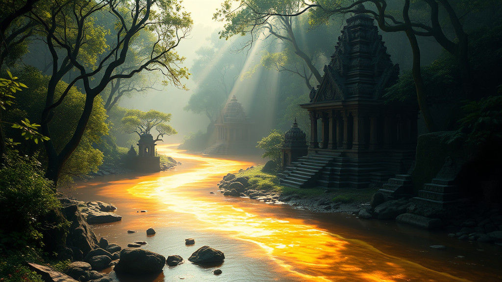 Ethereal Golden River in Ancient Forest Sanctuary