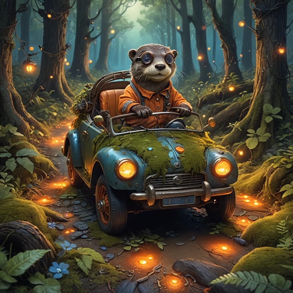 Whimsical Otter Drives a Vintage Wood Car through a Fantasti...