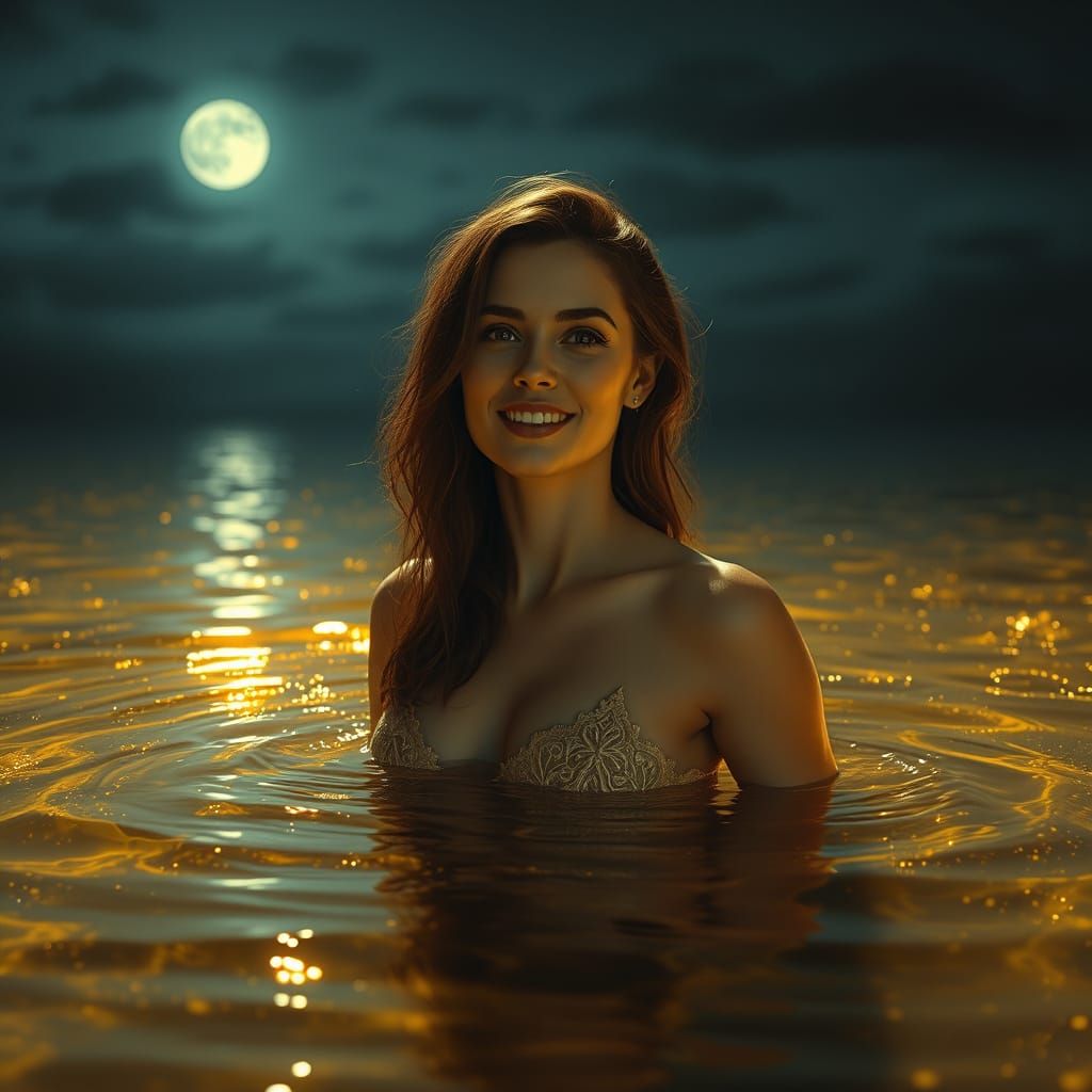 Beautiful Woman Emerges From Liquid Gold Lake Under Moonligh...