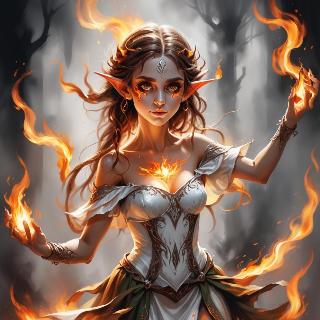 Enchanted Fantasy Elf in Dancing Flame, Oil Painting Style F...