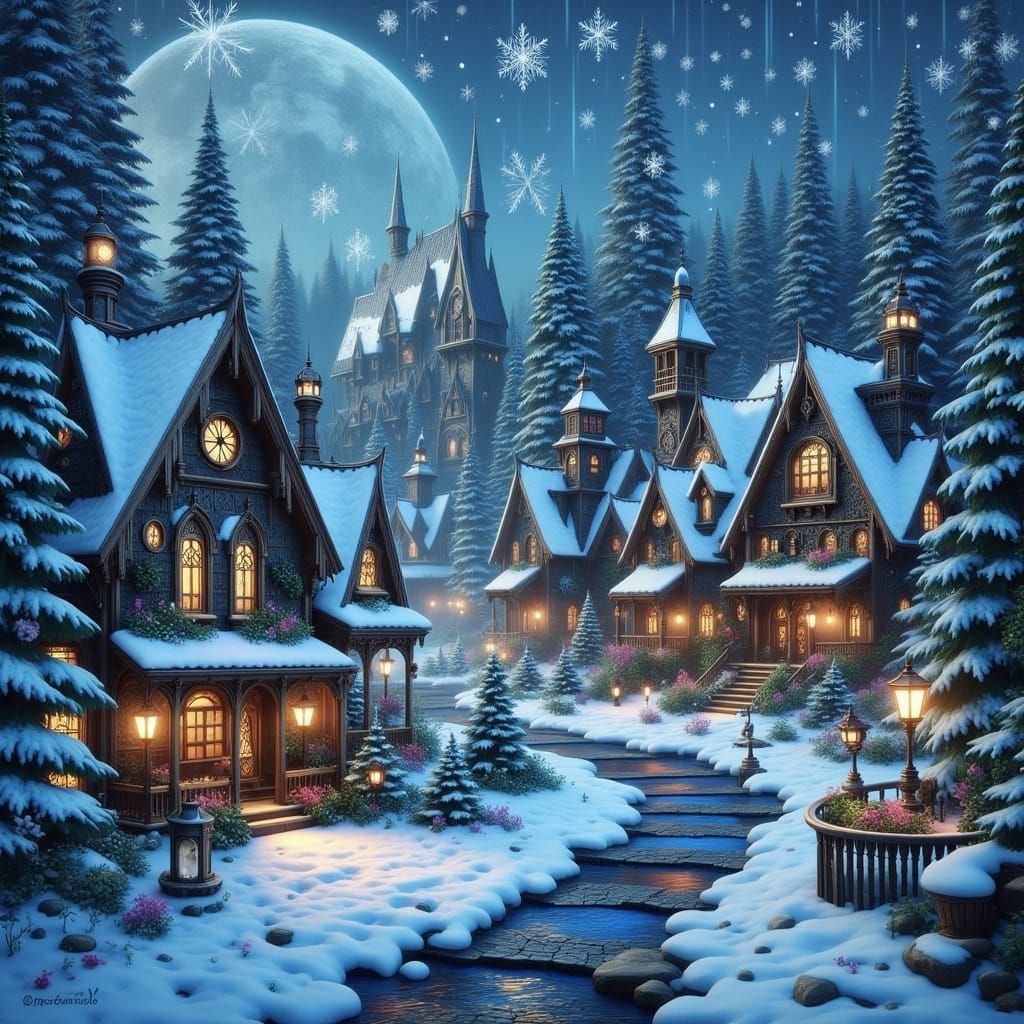 Steampunk Village at the North Pole in Whimsical Fantasy Sty...