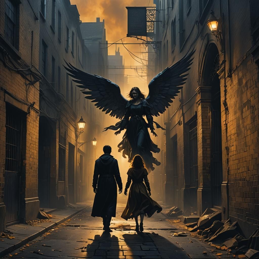 Guardian Angel Protects Woman in Gothic Alley