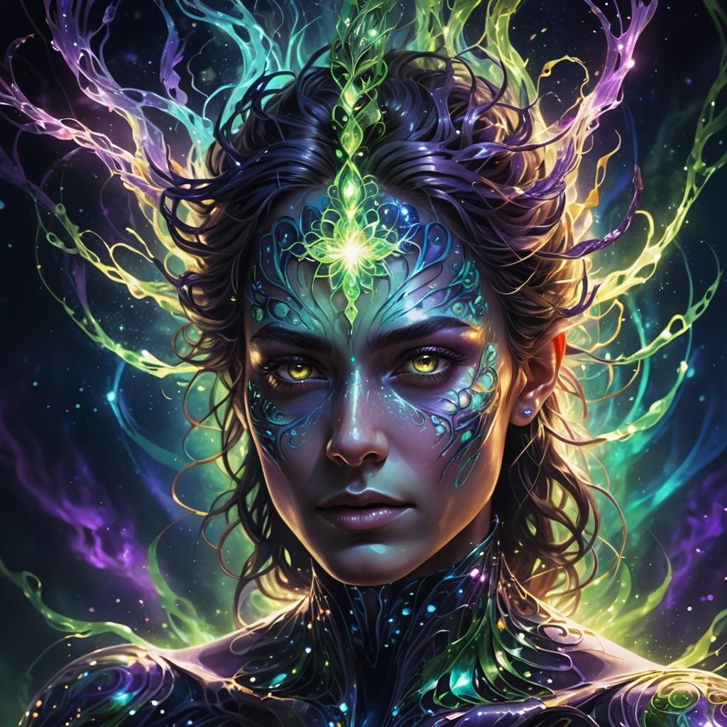 Radiant Otherworldly Being in Vibrant, Electric Blues and Lu...