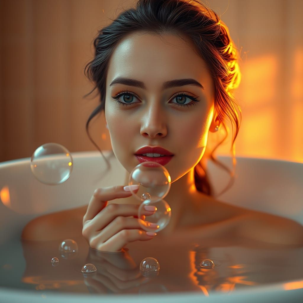 Serene Woman Blowing Bubbles at Golden Hour