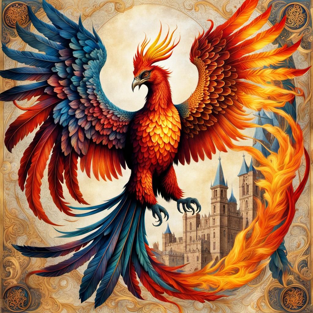 Cyberpunk Phoenix in Medieval Manuscript Composition