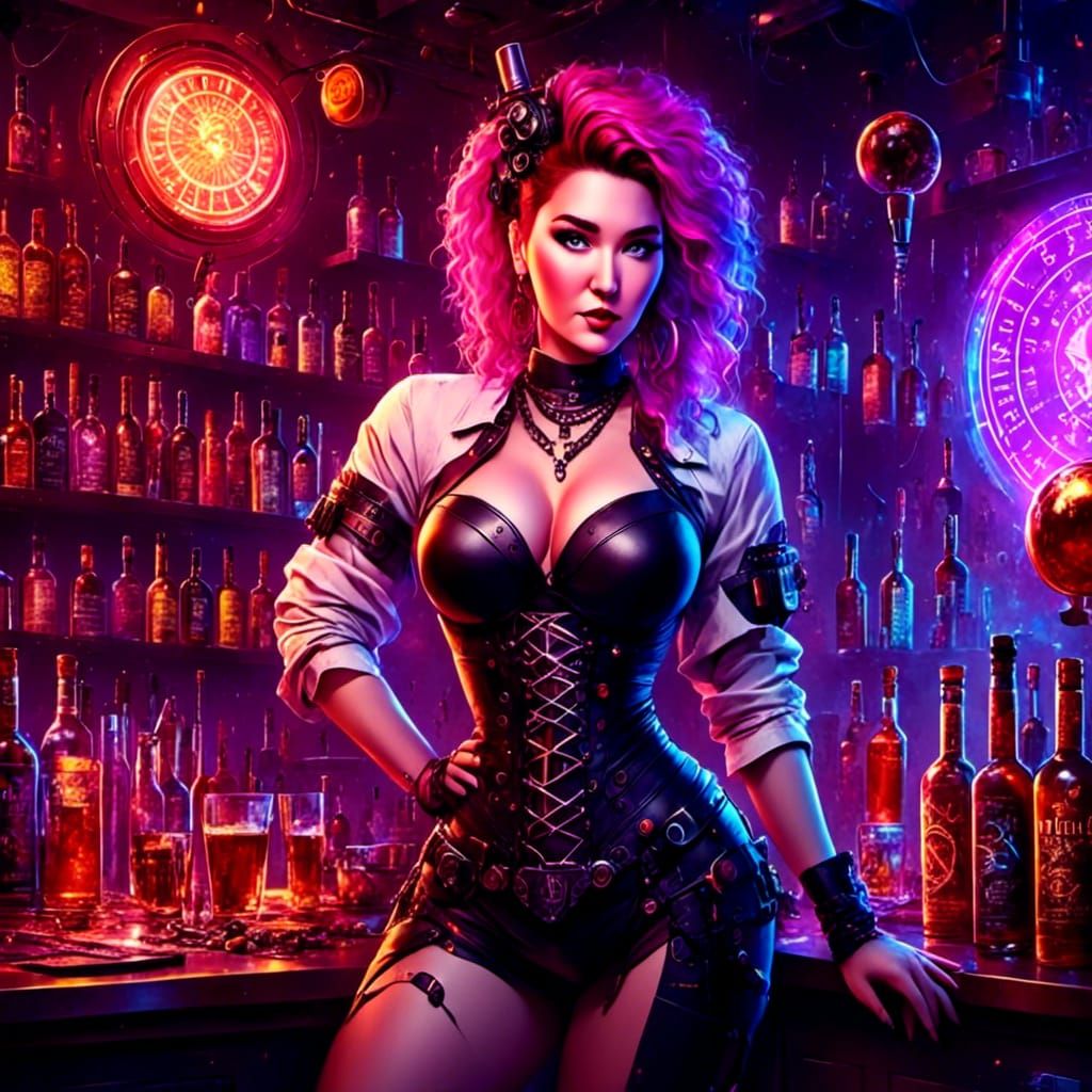 Cyborg Bartender in a Realm of Glowing Runes