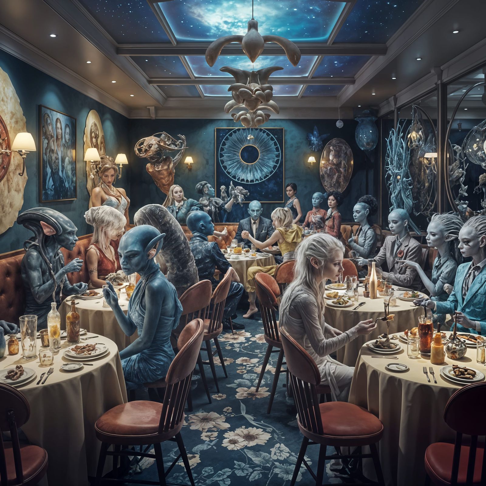 Surreal Cosmic Gathering in Elegant Extraterrestrial Dining....