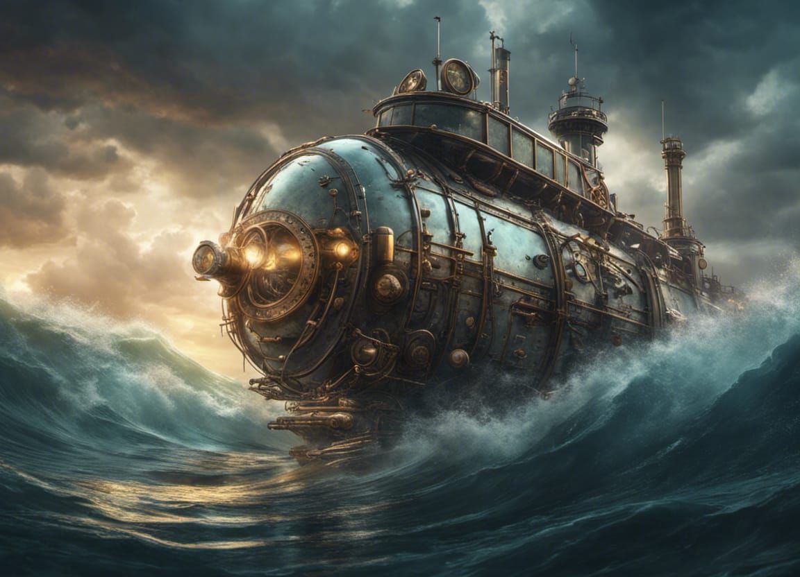 Steampunk Submarine in a Stormy Sea